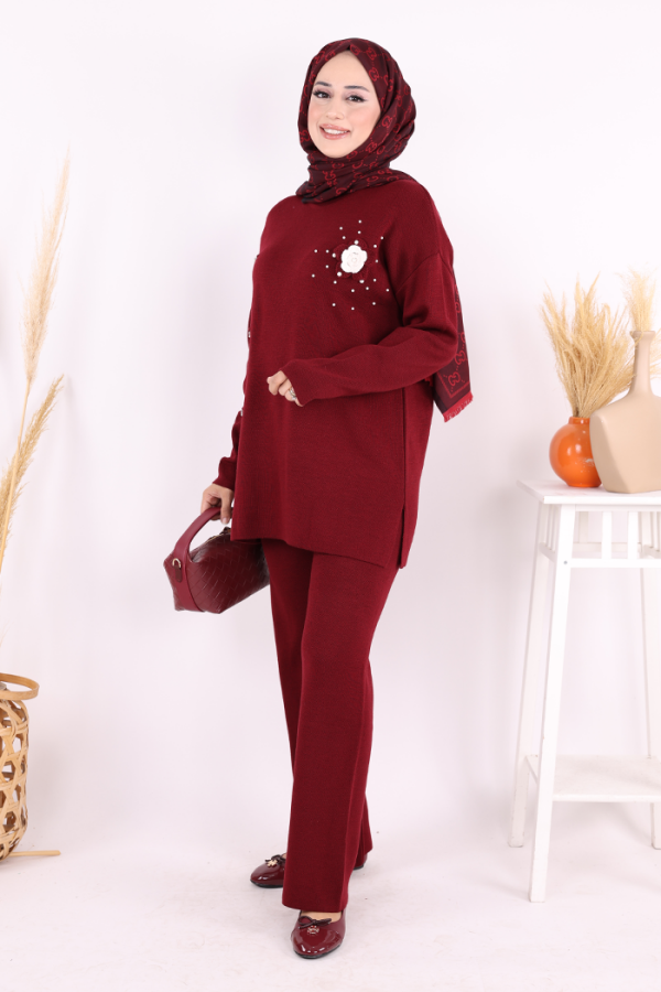 Taş ve Çiçek Detaylı Triko Takım 1655 Bordo - 2