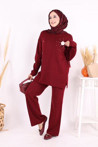 Taş ve Çiçek Detaylı Triko Takım 1655 Bordo - 3