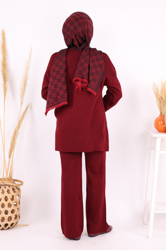 Taş ve Çiçek Detaylı Triko Takım 1655 Bordo - 4