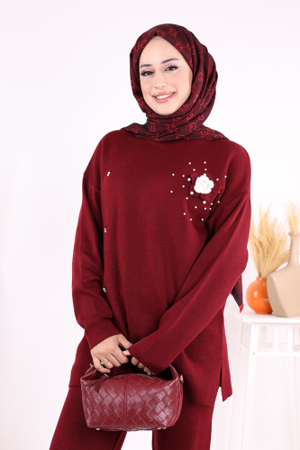 Taş ve Çiçek Detaylı Triko Takım 1655 Bordo - 5