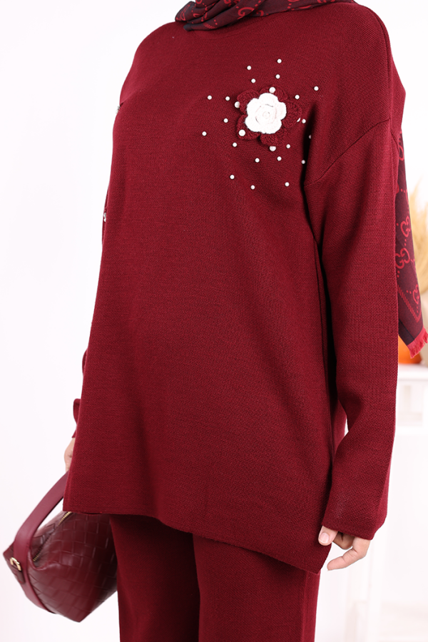 Taş ve Çiçek Detaylı Triko Takım 1655 Bordo - 6