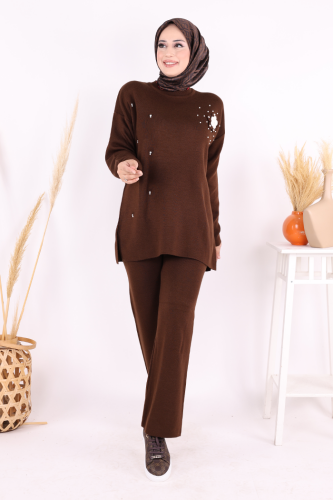 Taş ve Çiçek Detaylı Triko Takım 1655 Kahverengi - Bym Fashion