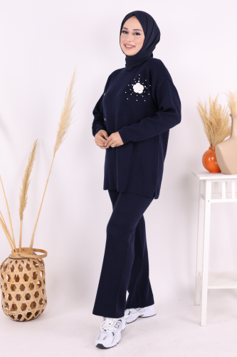Taş ve Çiçek Detaylı Triko Takım 1655 Lacivert - Bym Fashion