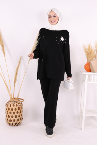 Taş ve Çiçek Detaylı Triko Takım 1655 Siyah - Bym Fashion