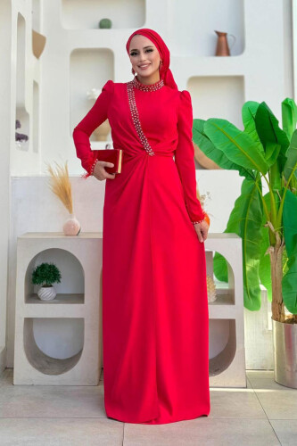 Taş ve Tüy Detaylı Abiye 7021 Kırmızı - Bym Fashion