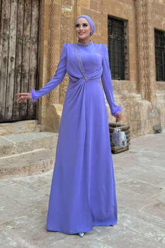 Taş ve Tüy Detaylı Abiye 7021 Lila - Bym Fashion