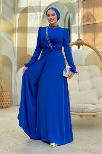 Taş ve Tüy Detaylı Abiye 7021 Saks - Bym Fashion