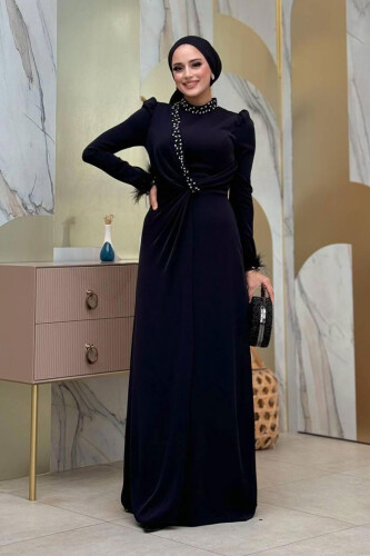 Taş ve Tüy Detaylı Abiye 7021 Siyah - Bym Fashion