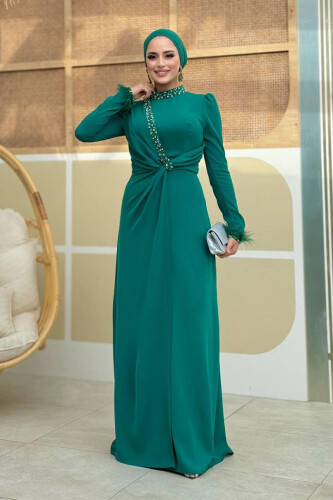 Taş ve Tüy Detaylı Abiye 7021 Zümrüt - Bym Fashion