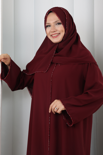 Taşlı Ferace 7091 Bordo - 4
