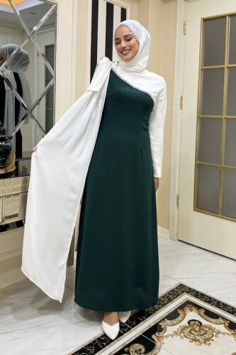 Tek Omuz Fiyonk Apoletli Çift Renk Elbise 3862 Zümrüt-Ekru - Bym Fashion