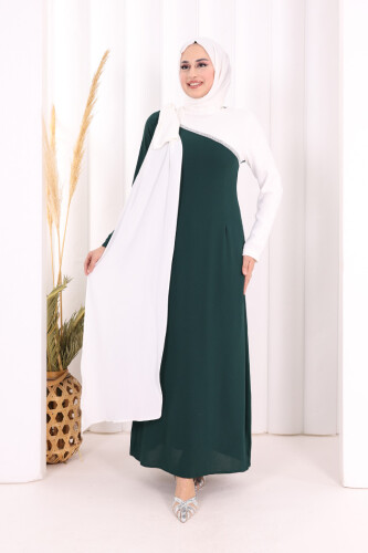 Tek Omuz Fiyonk Apoletli Çift Renk Elbise 3862 Zümrüt-Ekru 