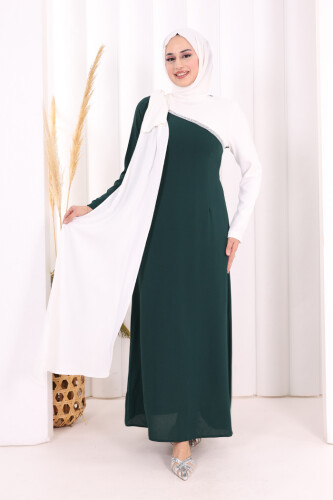 Tek Omuz Fiyonk Apoletli Çift Renk Elbise 3862 Zümrüt-Ekru - 2