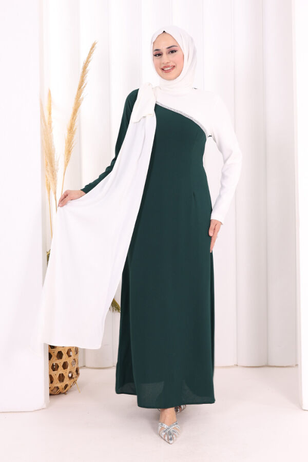 Tek Omuz Fiyonk Apoletli Çift Renk Elbise 3862 Zümrüt-Ekru - 2