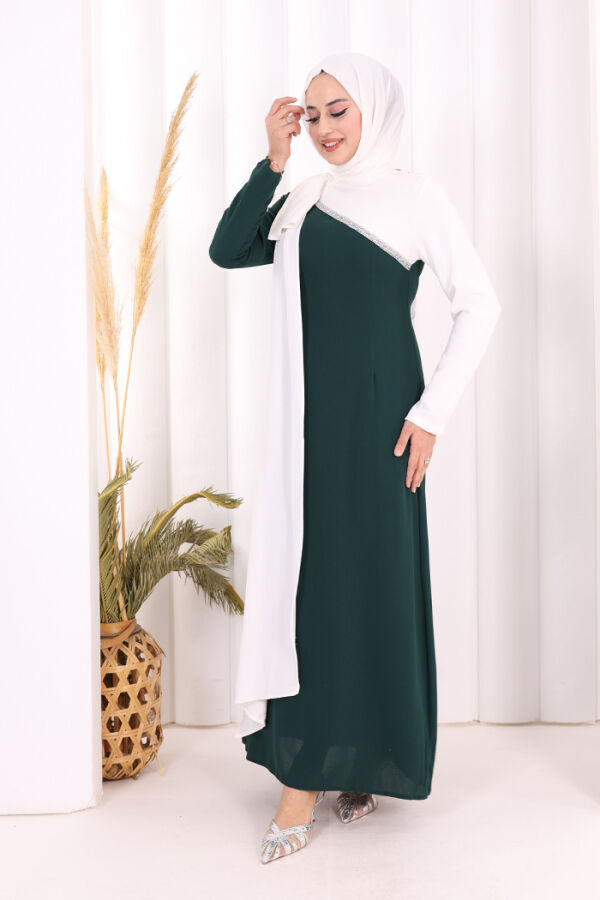 Tek Omuz Fiyonk Apoletli Çift Renk Elbise 3862 Zümrüt-Ekru - 3