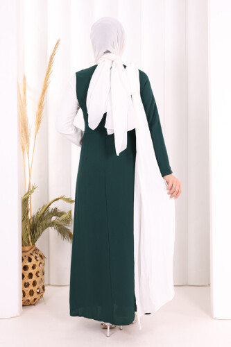 Tek Omuz Fiyonk Apoletli Çift Renk Elbise 3862 Zümrüt-Ekru - 4