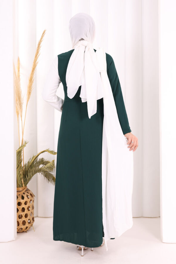 Tek Omuz Fiyonk Apoletli Çift Renk Elbise 3862 Zümrüt-Ekru - 4