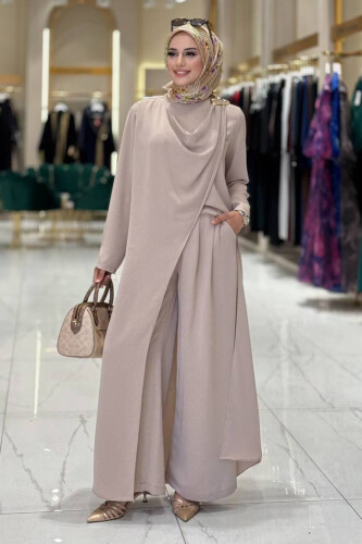 Tek Omuz Gold Toka Detaylı Tunik Pantolon Takım 8698 Açık Vizon