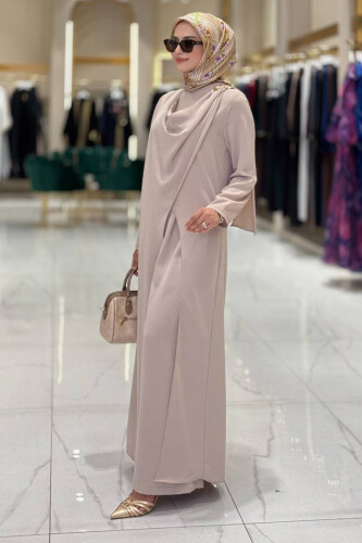 Tek Omuz Gold Toka Detaylı Tunik Pantolon Takım 8698 Açık Vizon - 2