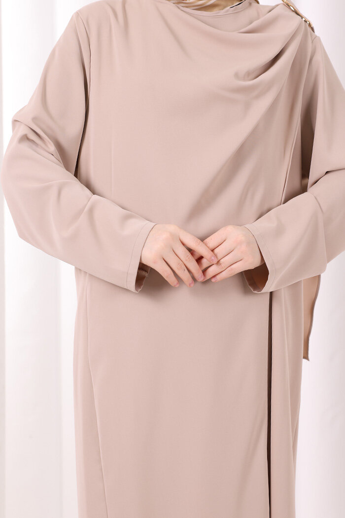 Tek Omuz Gold Toka Detaylı Tunik Pantolon Takım 8698 Açık Vizon - 4
