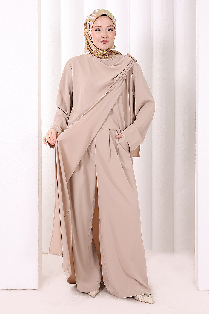 Tek Omuz Gold Toka Detaylı Tunik Pantolon Takım 8698 Açık Vizon - 1