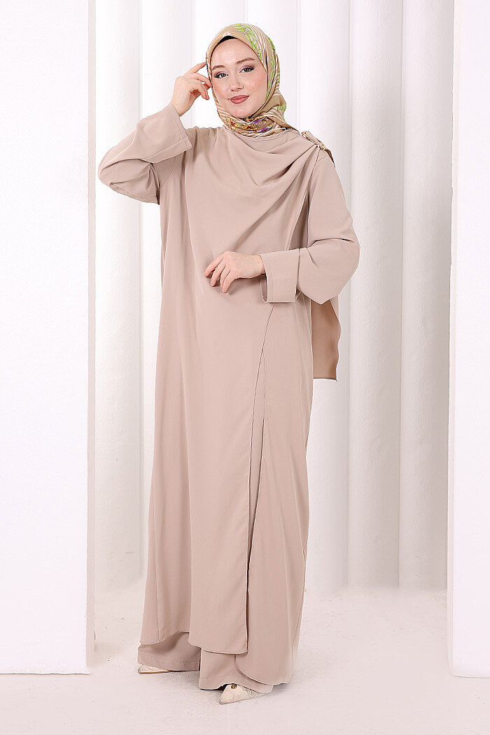 Tek Omuz Gold Toka Detaylı Tunik Pantolon Takım 8698 Açık Vizon - 2