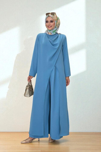 Tek Omuz Gold Toka Detaylı Tunik Pantolon Takım 8698 Bebe Mavisi - 1