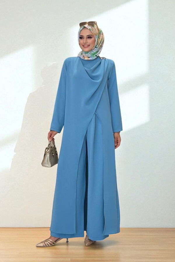 Tek Omuz Gold Toka Detaylı Tunik Pantolon Takım 8698 Bebe Mavisi - 1