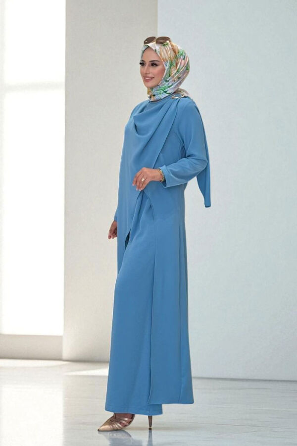 Tek Omuz Gold Toka Detaylı Tunik Pantolon Takım 8698 Bebe Mavisi - 3