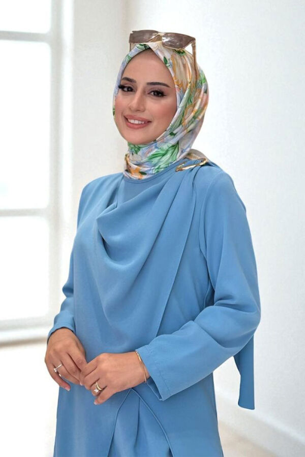 Tek Omuz Gold Toka Detaylı Tunik Pantolon Takım 8698 Bebe Mavisi - 4