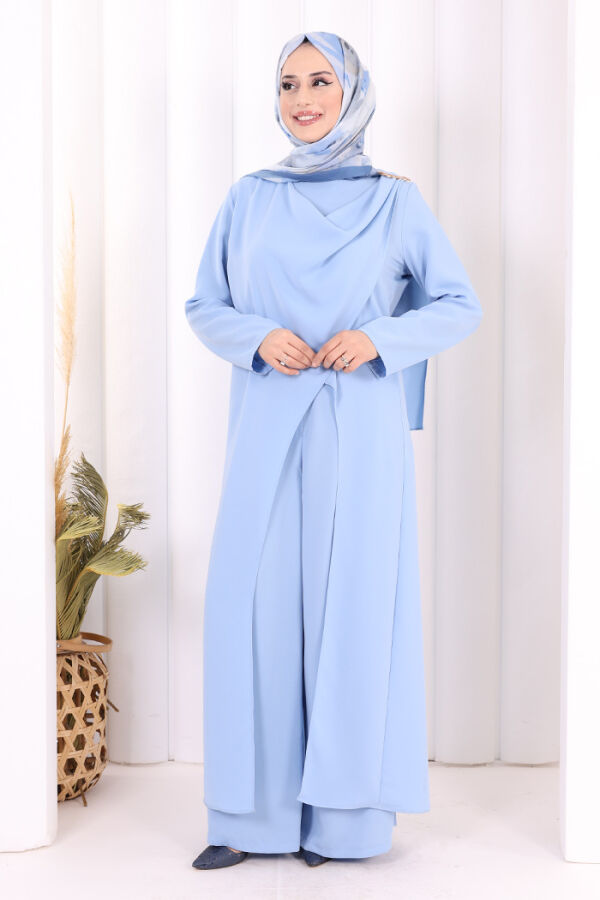 Tek Omuz Gold Toka Detaylı Tunik Pantolon Takım 8698 Bebe Mavisi - 1