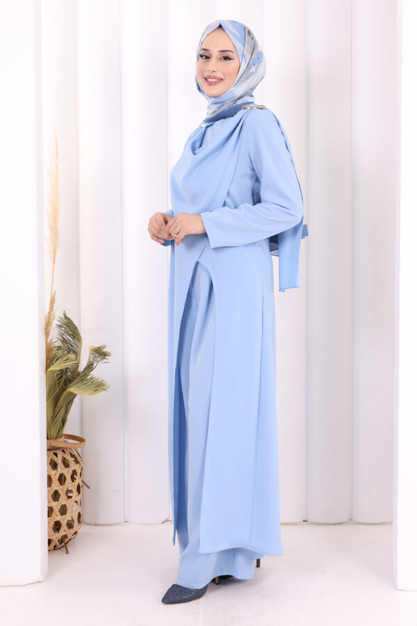 Tek Omuz Gold Toka Detaylı Tunik Pantolon Takım 8698 Bebe Mavisi - 2