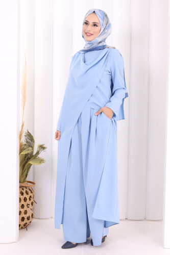 Tek Omuz Gold Toka Detaylı Tunik Pantolon Takım 8698 Bebe Mavisi - 3