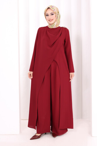 Tek Omuz Gold Toka Detaylı Tunik Pantolon Takım 8698 Bordo - 1