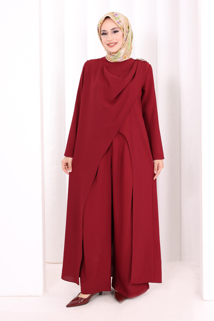 Tek Omuz Gold Toka Detaylı Tunik Pantolon Takım 8698 Bordo - 1