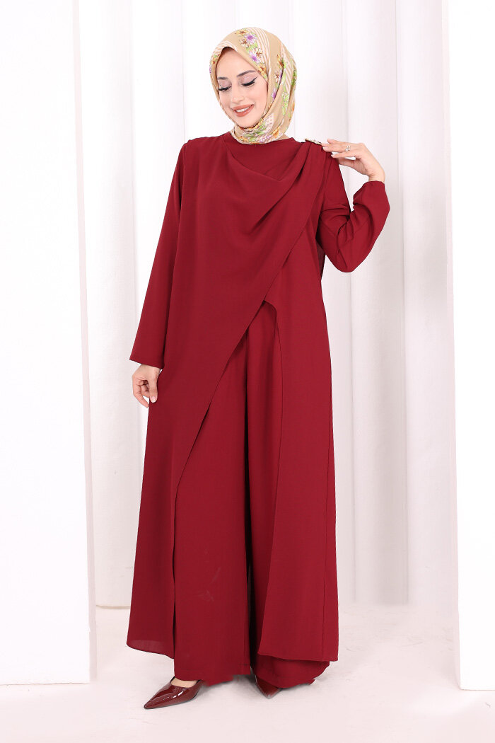 Tek Omuz Gold Toka Detaylı Tunik Pantolon Takım 8698 Bordo - 2