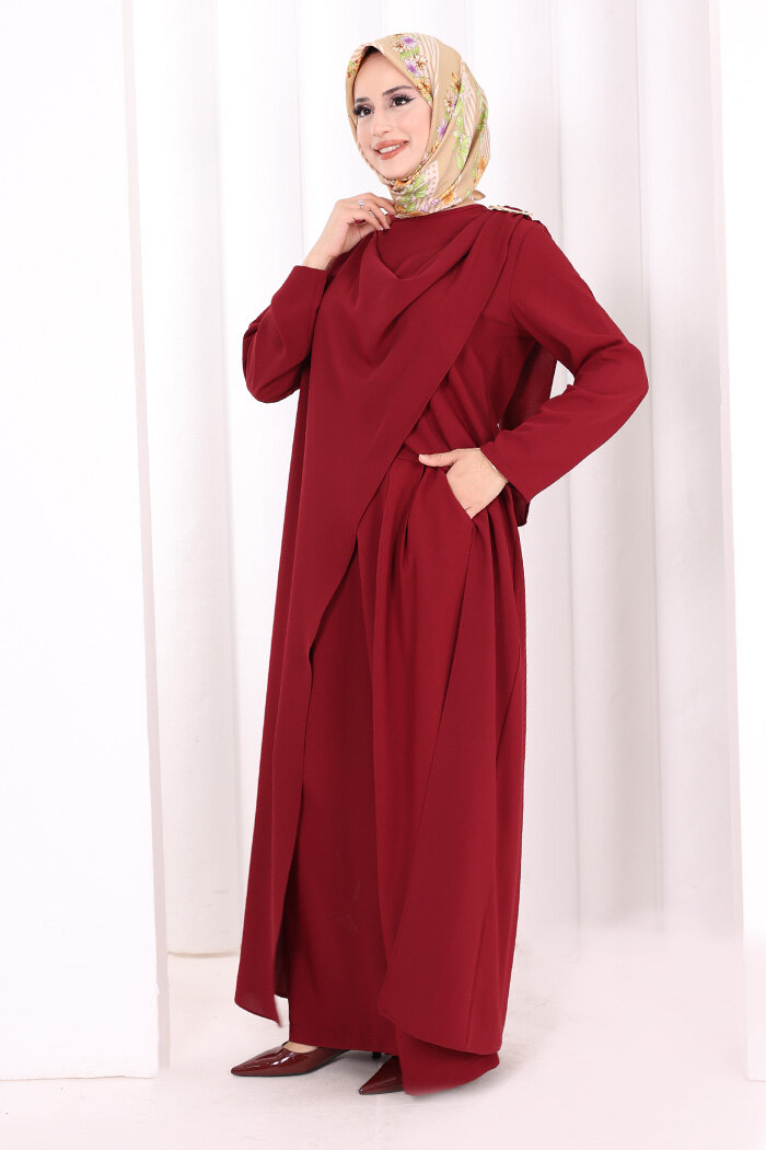 Tek Omuz Gold Toka Detaylı Tunik Pantolon Takım 8698 Bordo - 3