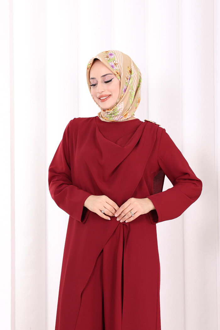 Tek Omuz Gold Toka Detaylı Tunik Pantolon Takım 8698 Bordo - 5