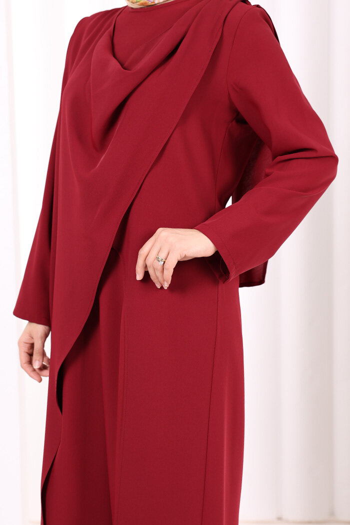 Tek Omuz Gold Toka Detaylı Tunik Pantolon Takım 8698 Bordo - 6
