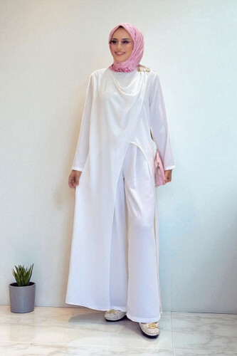 Tek Omuz Gold Toka Detaylı Tunik Pantolon Takım 8698 Ekru - Bym Fashion