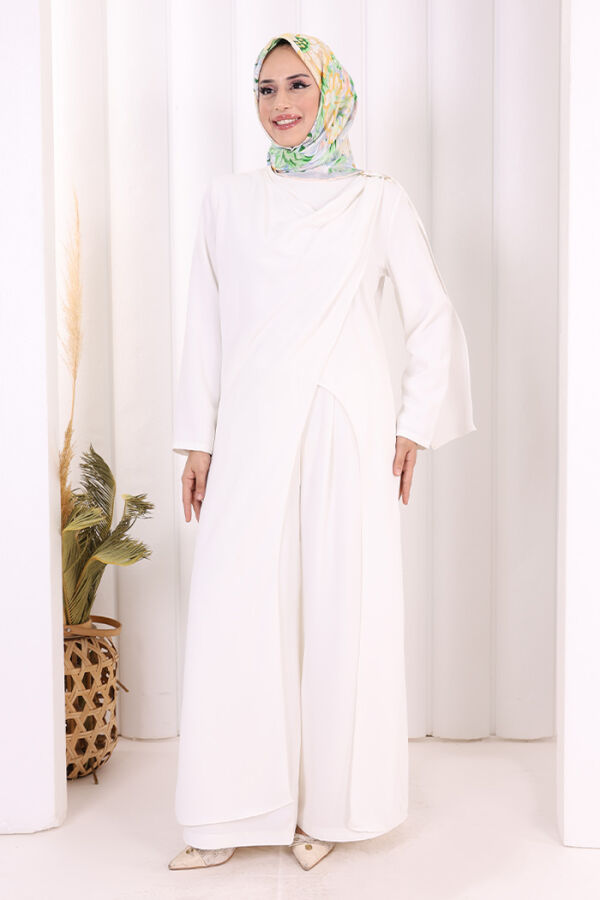 Tek Omuz Gold Toka Detaylı Tunik Pantolon Takım 8698 Ekru - 1