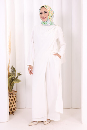 Tek Omuz Gold Toka Detaylı Tunik Pantolon Takım 8698 Ekru - 2