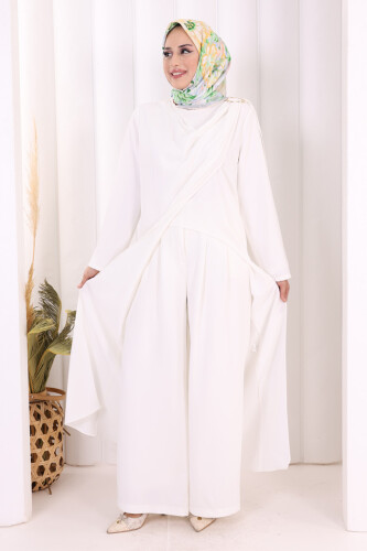 Tek Omuz Gold Toka Detaylı Tunik Pantolon Takım 8698 Ekru - 3