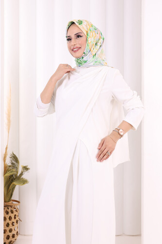 Tek Omuz Gold Toka Detaylı Tunik Pantolon Takım 8698 Ekru - 5