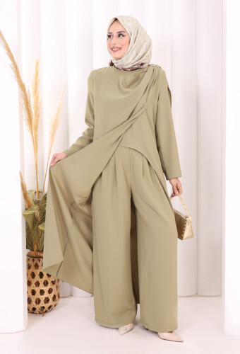 Tek Omuz Gold Toka Detaylı Tunik Pantolon Takım 8698 Haki - 2