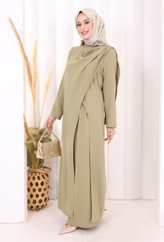 Tek Omuz Gold Toka Detaylı Tunik Pantolon Takım 8698 Haki - 3