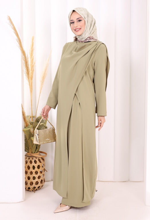 Tek Omuz Gold Toka Detaylı Tunik Pantolon Takım 8698 Haki - 3