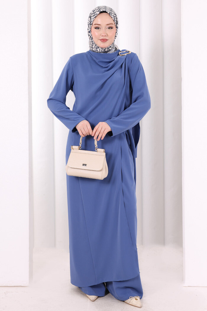 Tek Omuz Gold Toka Detaylı Tunik Pantolon Takım 8698 İndigo - 1