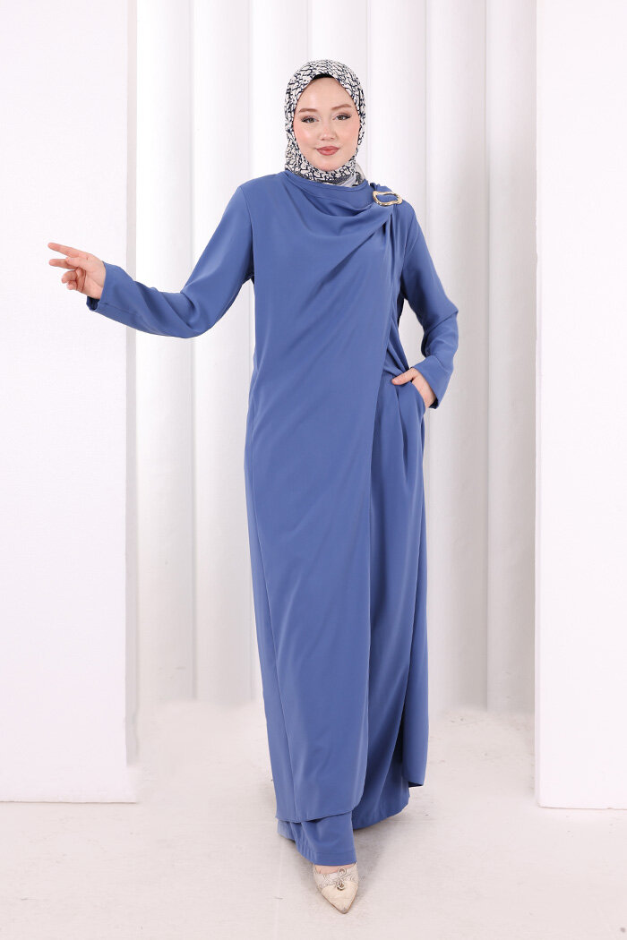 Tek Omuz Gold Toka Detaylı Tunik Pantolon Takım 8698 İndigo - 2