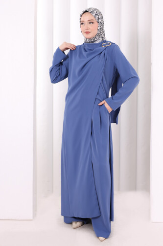 Tek Omuz Gold Toka Detaylı Tunik Pantolon Takım 8698 İndigo - 3